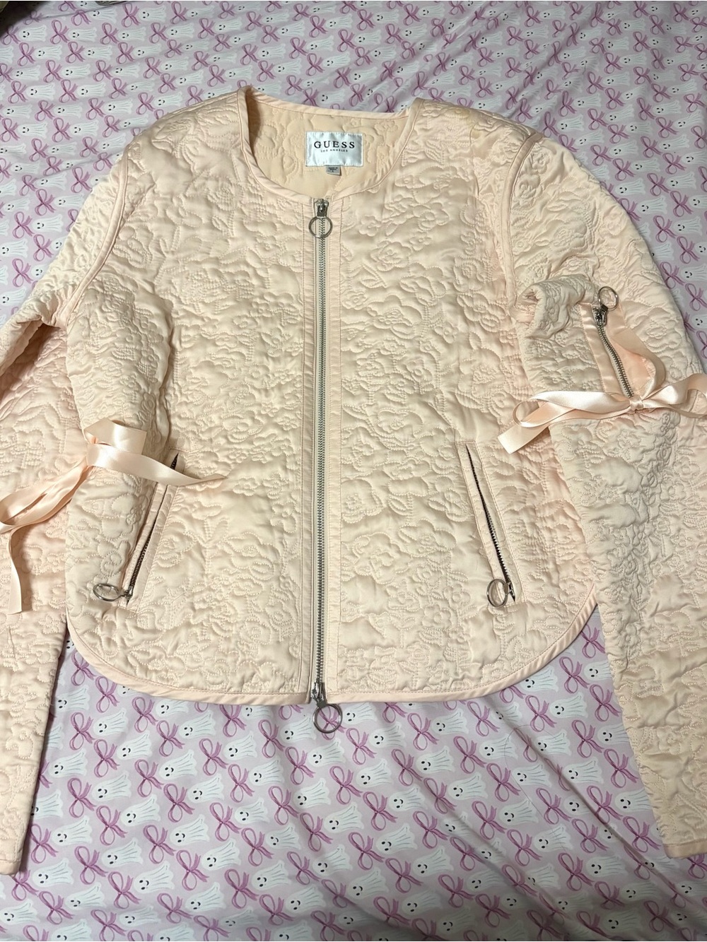 GUESS Quilted Pale Pink Bomber Jacket with Ribbon Accents